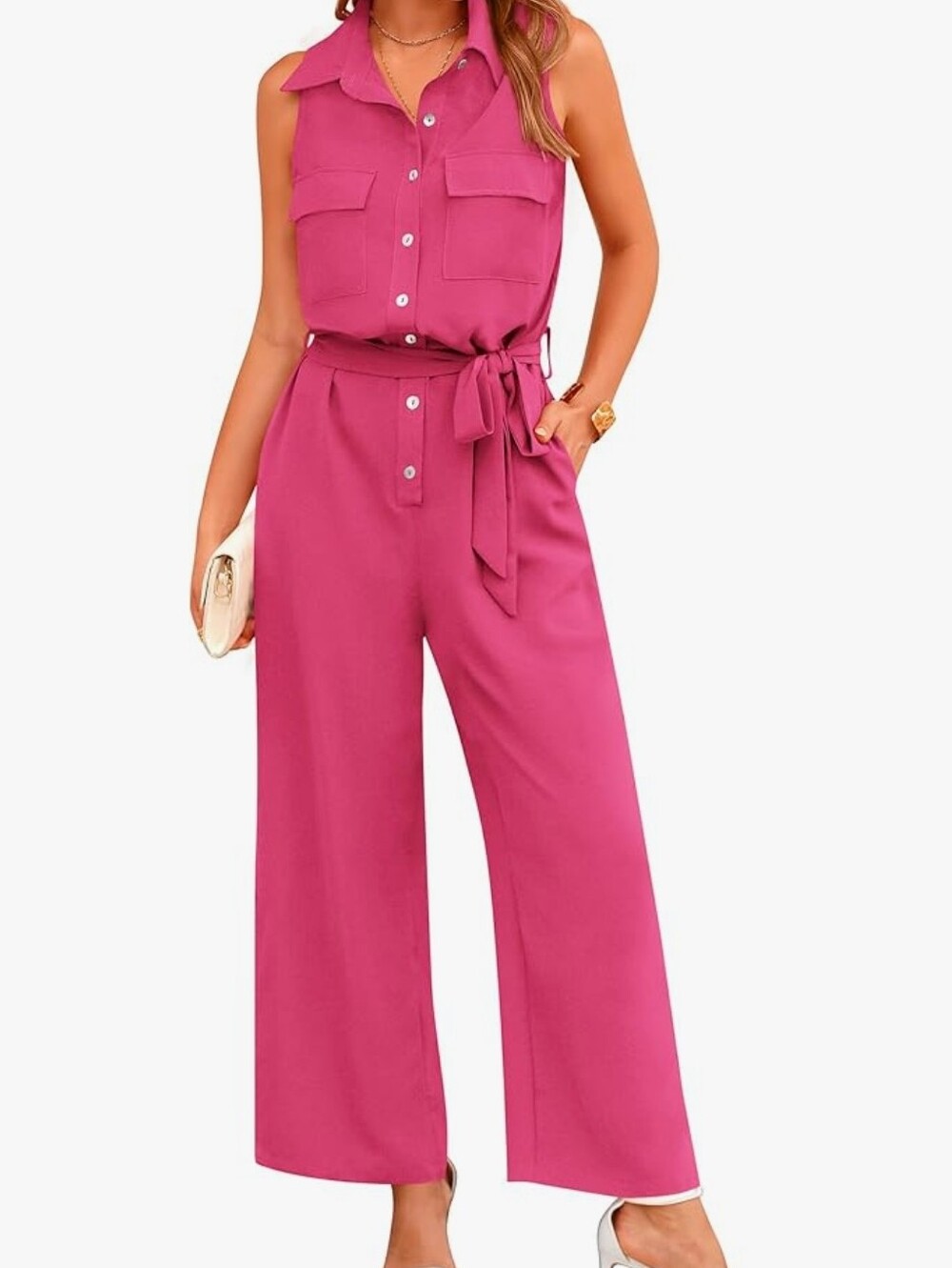 Sleeveless Button-Front Pink Jumpsuit with Waist Tie